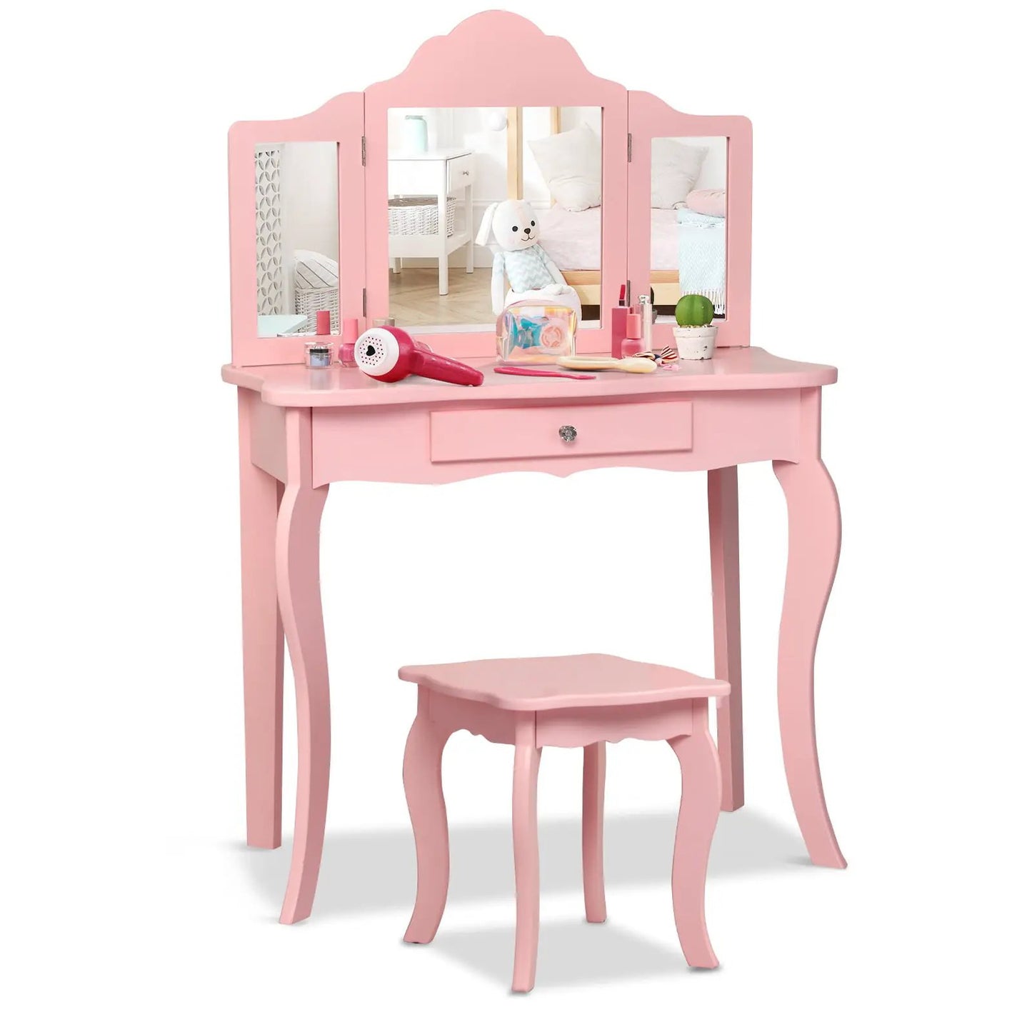 Kids makeup vanity table and stool set in pink with triple mirror and curved legs on Tampa Home & Garden Store