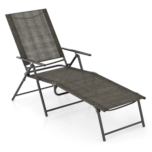 Patio folding chaise lounge with backrest, brown woven fabric, steel frame, adjustable positions on Tampa Home & Garden Store