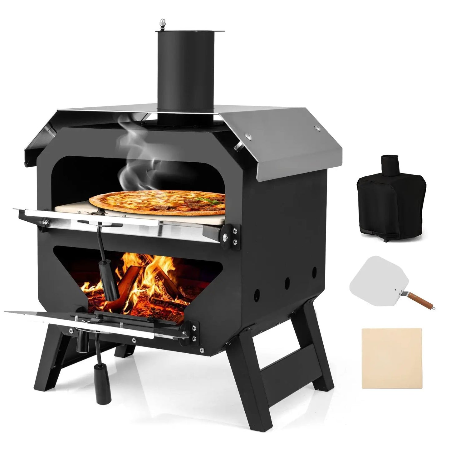 12 Inch Outdoor Pizza Oven with Stone in black by DirectDeals, chimney, pizza inside on Tampa Home & Garden Store