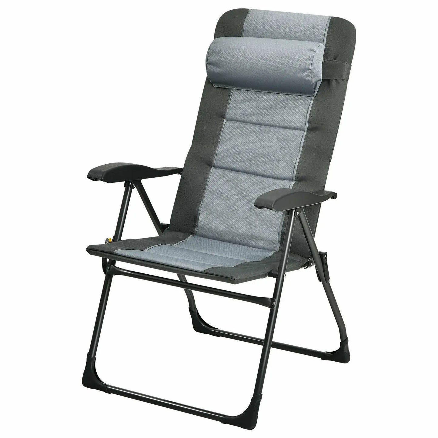 Patiojoy folding lounge chair with gray padded cushions and headrest on black metal frame on Tampa Home & Garden Store