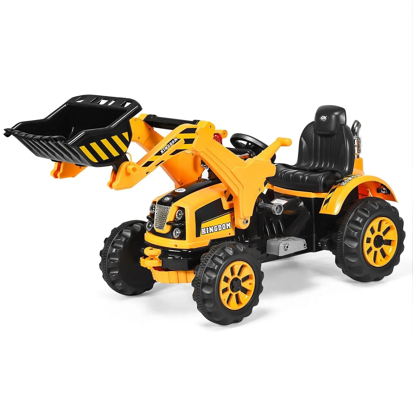 12V battery powered kids ride-on dumper truck Kingdom with yellow loader and black seat on Tampa Home & Garden Store