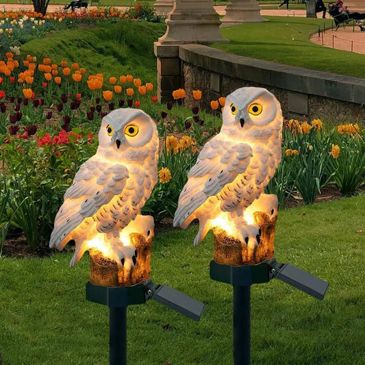 Solar Owl Outdoor Garden Lights pair with custom image, LED solar powered, backyard decor on Tampa Home & Garden Store