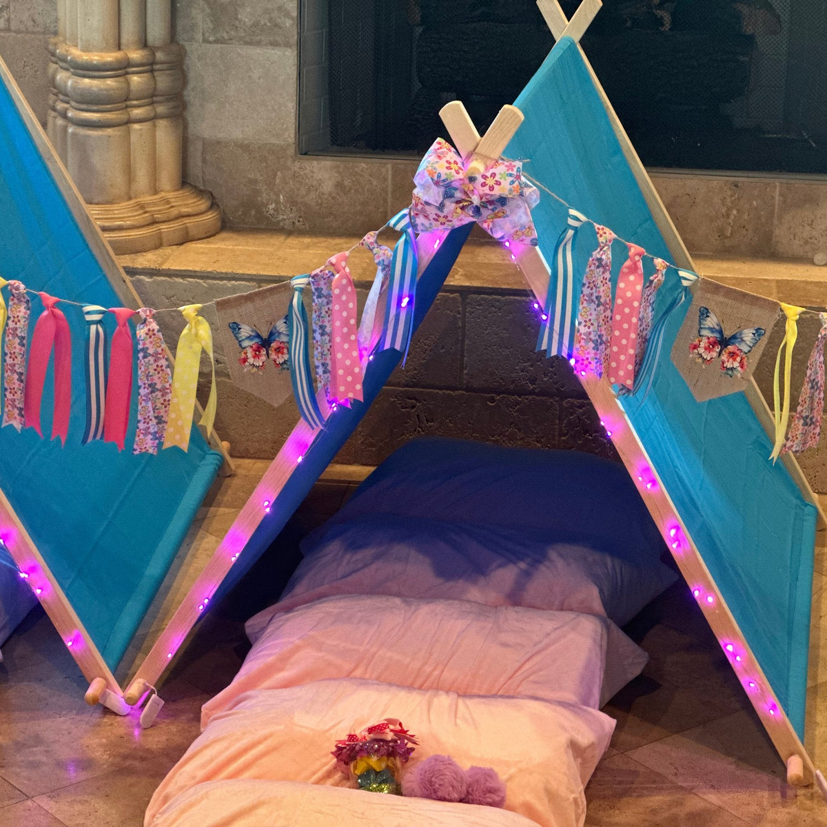Butterfly Birthday Party Sleepover Kit blue teepees with butterfly accents and pink lights on Tampa Home & Garden Store