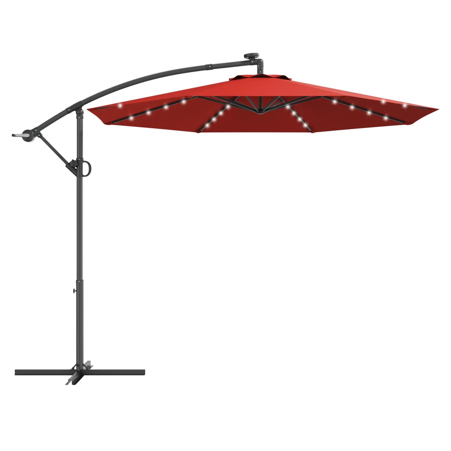 10 ft solar powered LED offset patio umbrella with red canopy and curved arm, string lights on Tampa Home & Garden Store