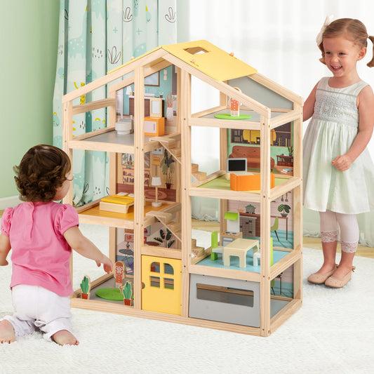 Wooden dollhouse playset in natural wood with yellow roof, furnished rooms, and two kids playing on Tampa Home & Garden Store
