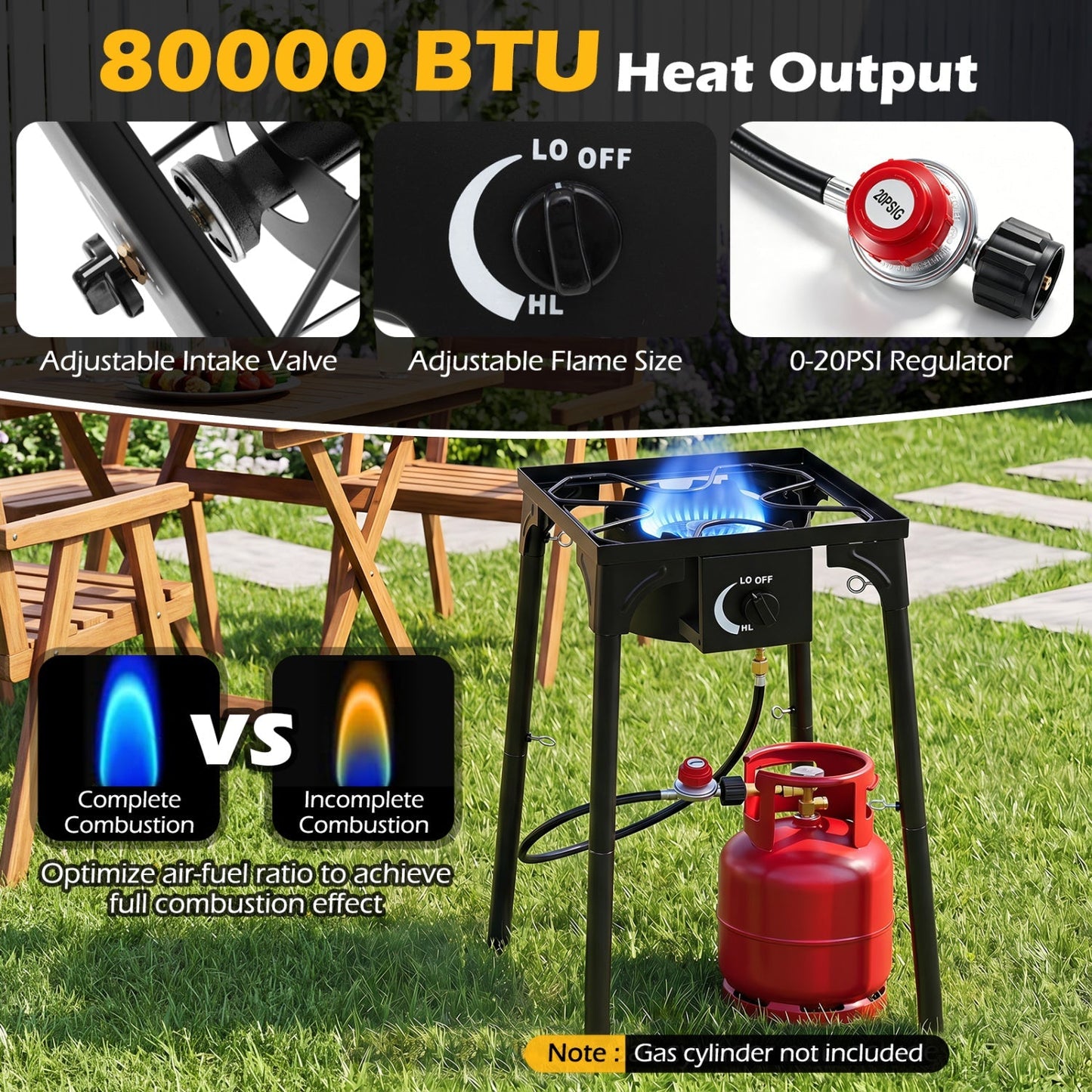 Outdoor stove with regulator and blue flame on red propane cylinder 80000 BTU single burner on Tampa Home & Garden Store