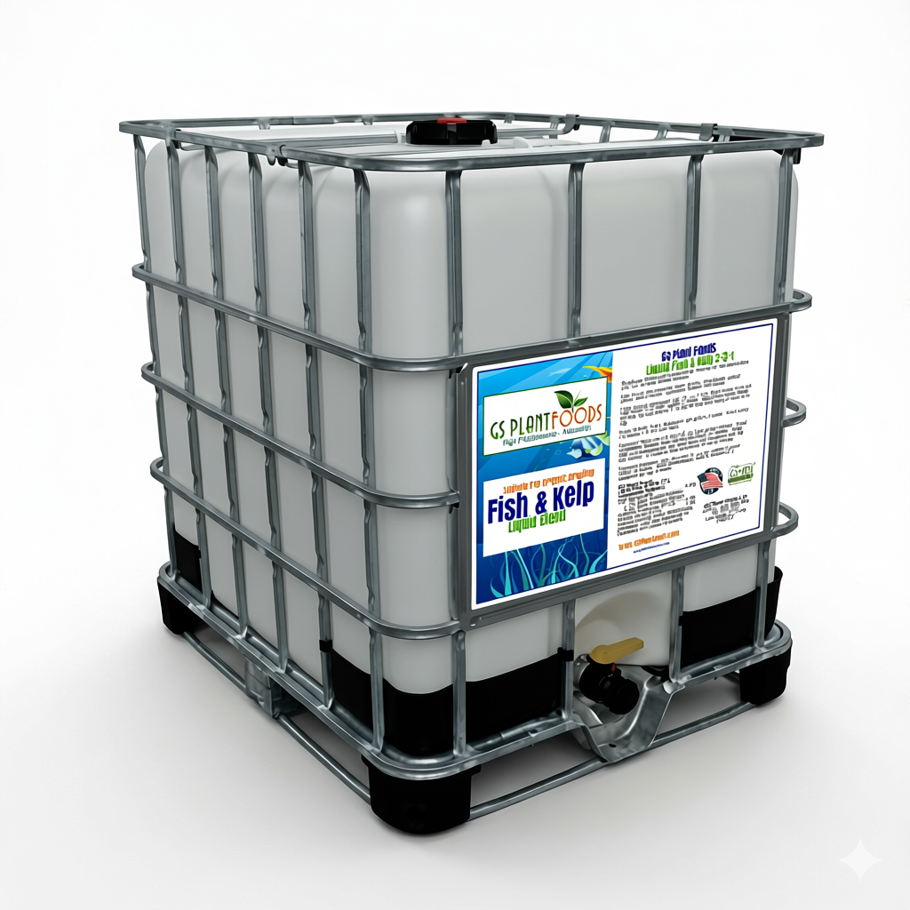 Fish & Kelp Fertilizer Organic Liquid Blend in gray IBC tote with GS Plant Foods label on Tampa Home & Garden Store