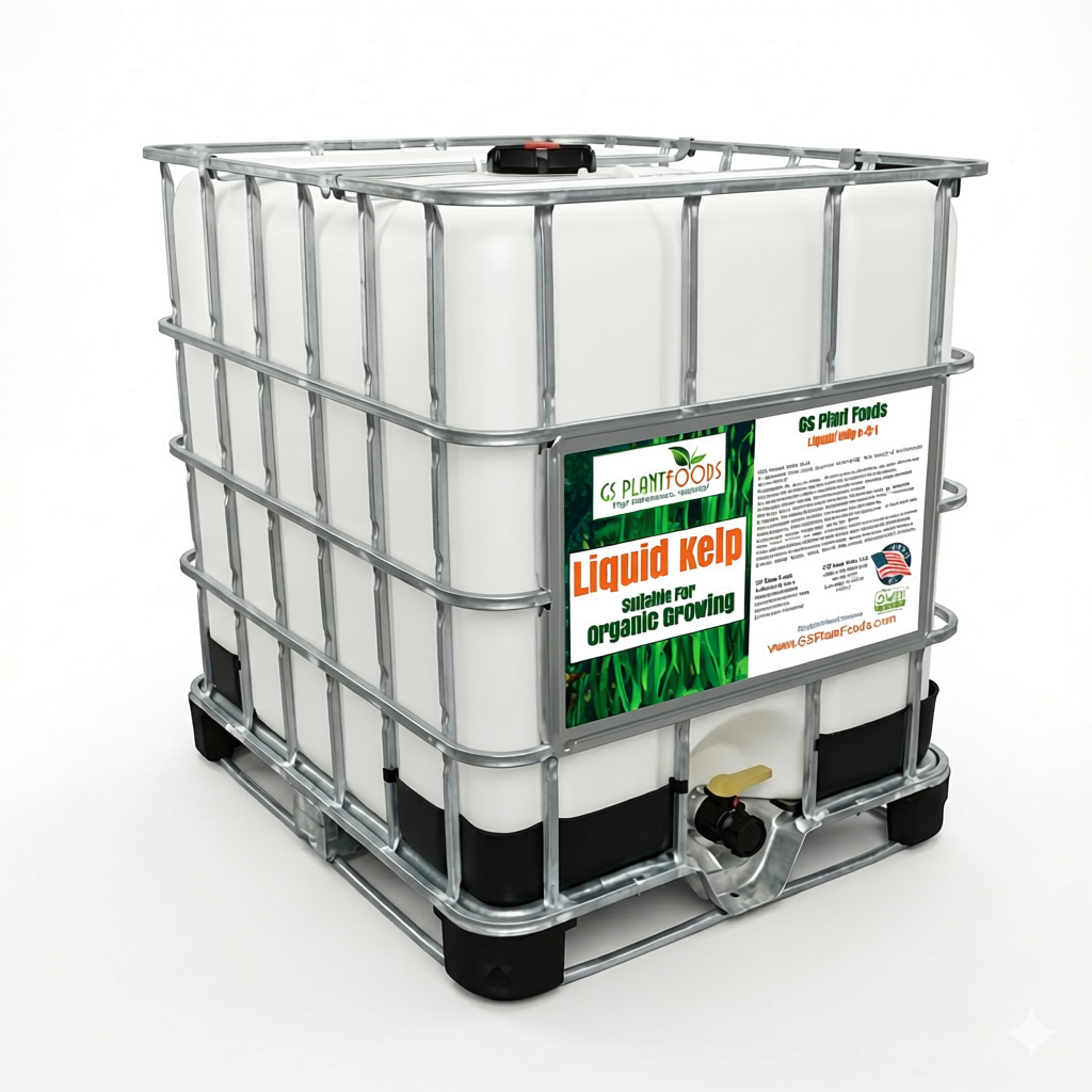 Liquid Kelp fertilizer in an IBC tote with metal cage and dispensing spigot GS Plant Foods on Tampa Home & Garden Store