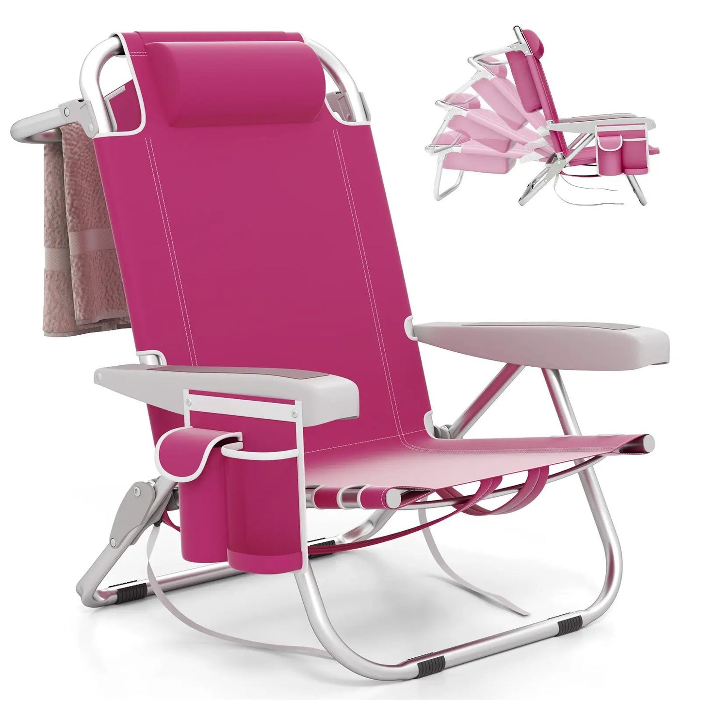 DirectDeals foldable backpack beach chair in pink with cup holder and side storage pockets on Tampa Home & Garden Store