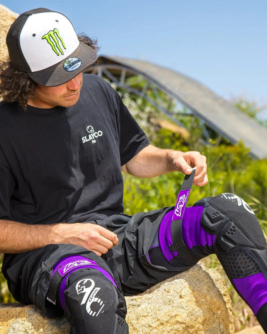Slayco96 knee guard for freestyle motocross, purple and black with adjustable strap on Tampa Home & Garden Store