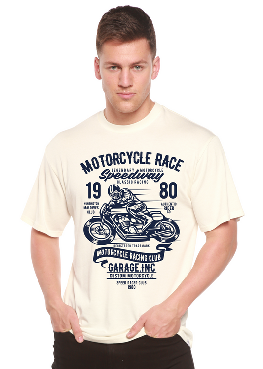 Mens T-shirt with motorcycle race graphic in cream, bamboo viscose/organic cotton by Spun Bamboo on Tampa Home & Garden Store