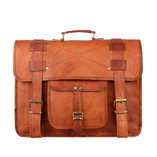 Griffin Crossbody Messenger Bag for Laptop in tan leather with buckle straps on Tampa Home & Garden Store