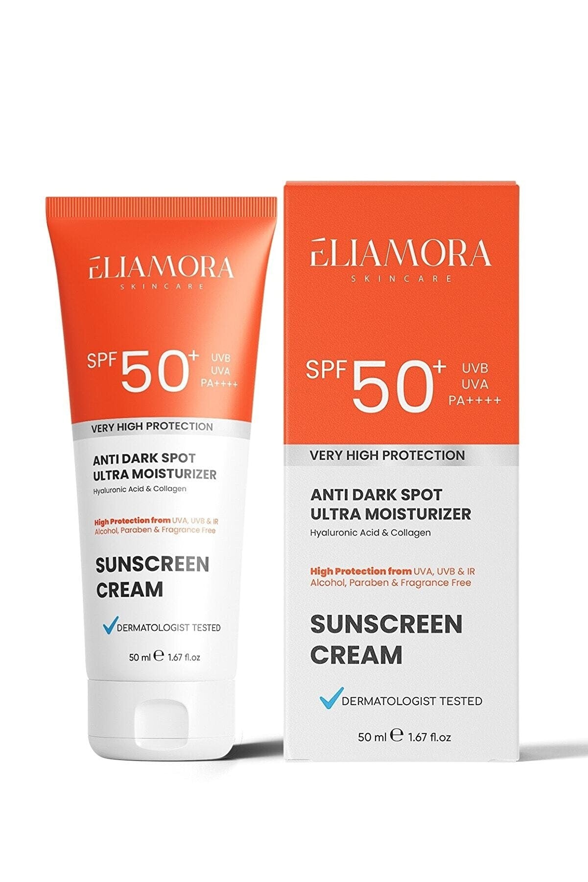 Eliamora Intensive Anti-Blemish SPF 50+ sunscreen tube and orange box by Beauty Care Bag on Tampa Home & Garden Store