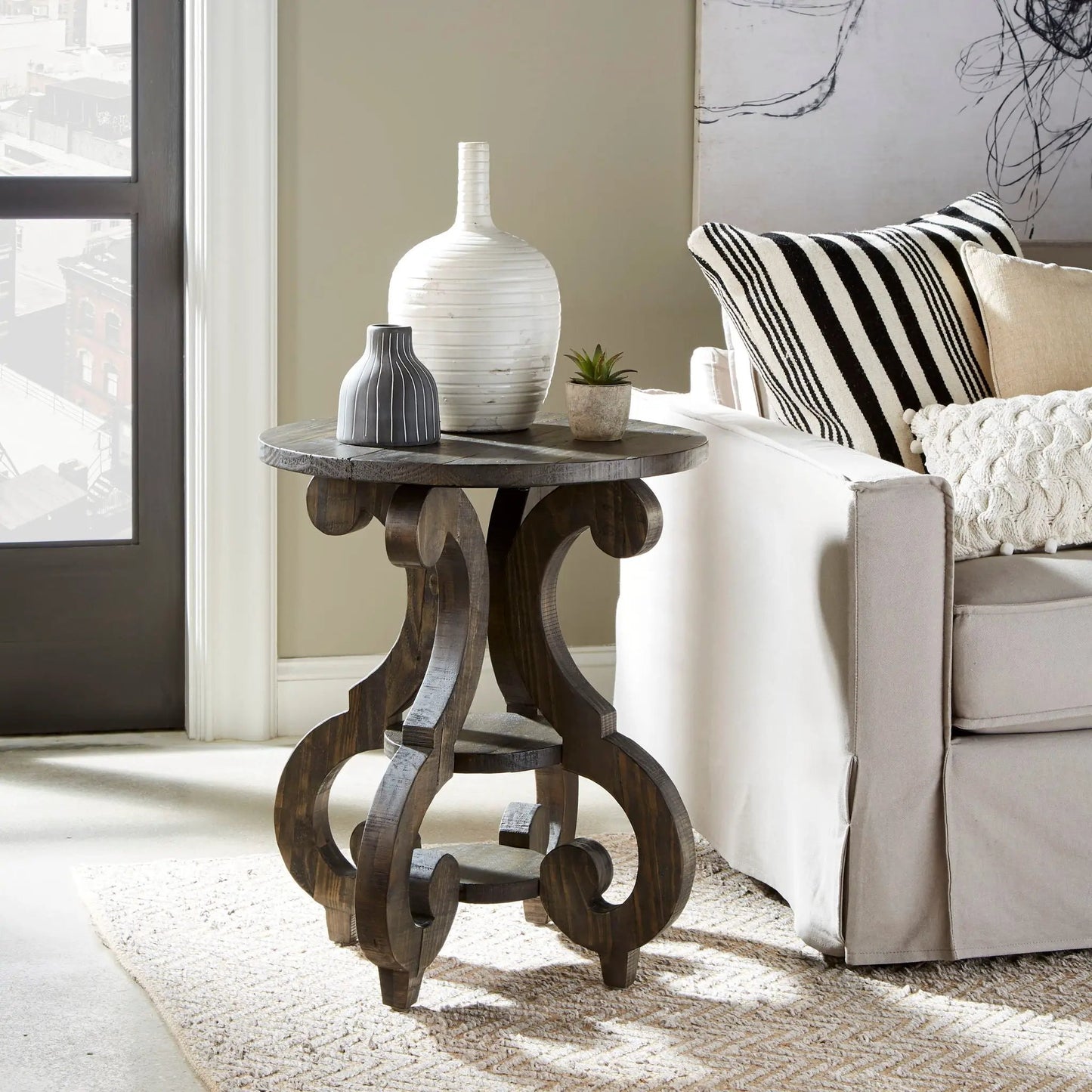 Bellamy Round Accent End Table Peppercorn dark wood with sculpted curved base Unique Furniture on Tampa Home & Garden Store