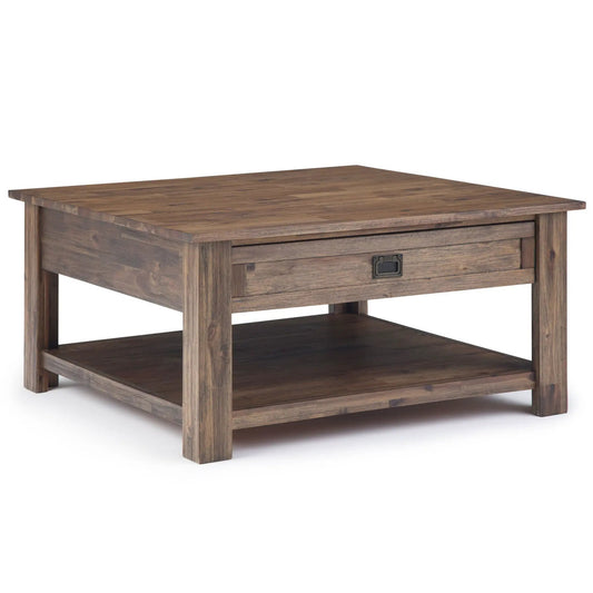 Monroe handcrafted side table in brown wood finish with a lower shelf and metal drawer pull on Tampa Home & Garden Store