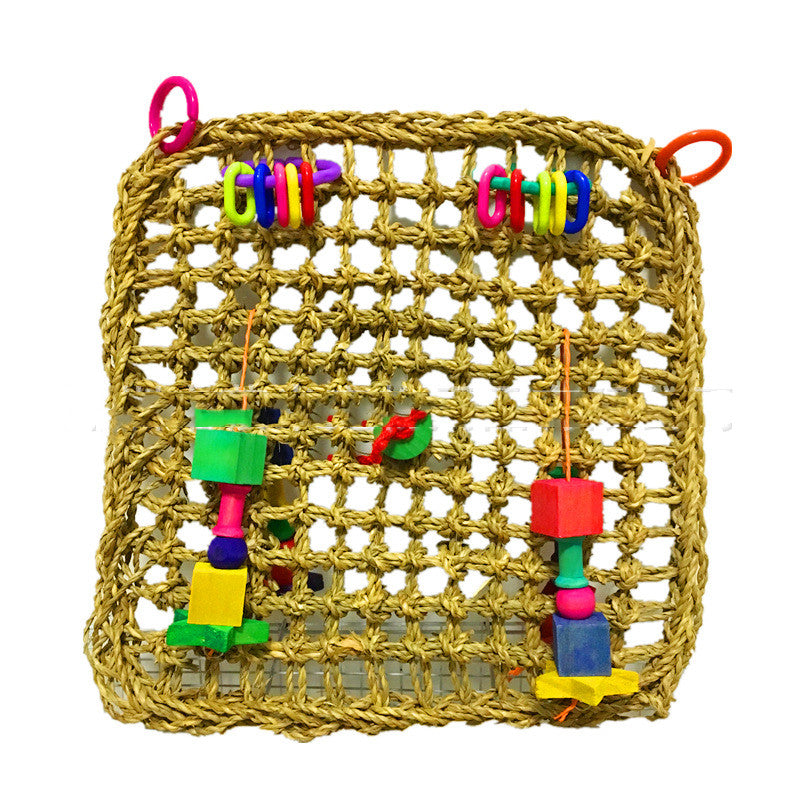 Pure Natural Straw Parrot Hammock woven bird toy with two hanging bead clusters and blocks on Tampa Home & Garden Store