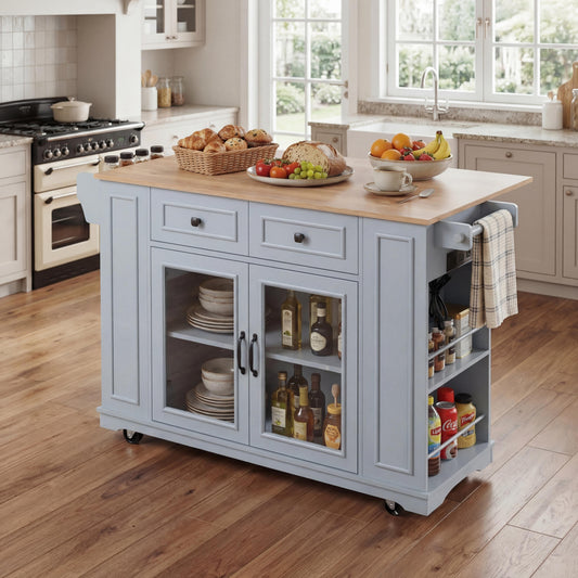 Kitchen island glass-door storage, blue-gray finish, wood top, rolling cart by HouseOfZazla on Tampa Home & Garden Store