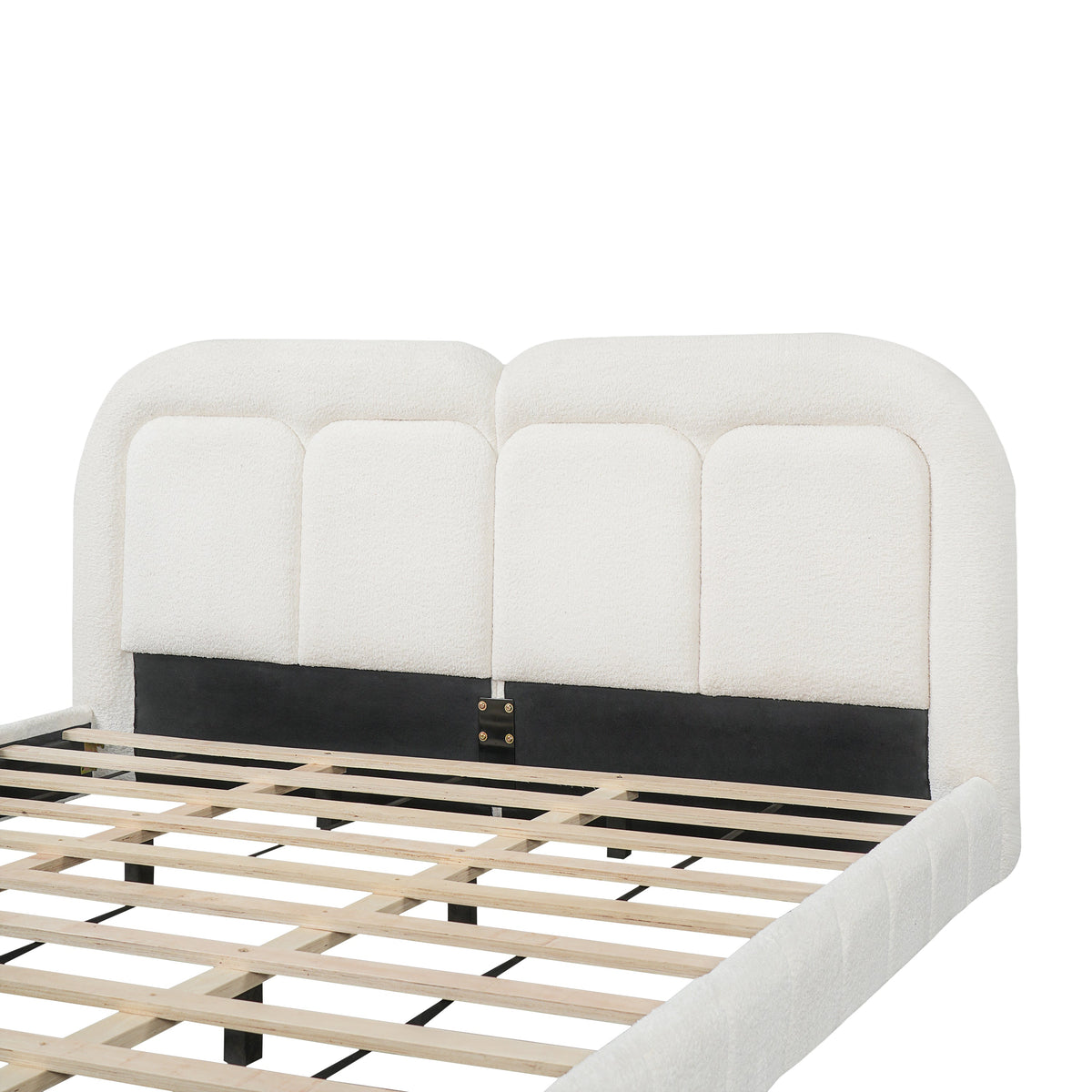 King size boucle upholstered platform bed with tufted headboard, ivory fabric, black base on Tampa Home & Garden Store