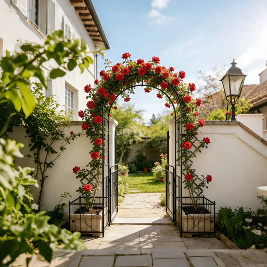 Metal garden arch with gate in black, climbing red roses along a stone walkway on Tampa Home & Garden Store