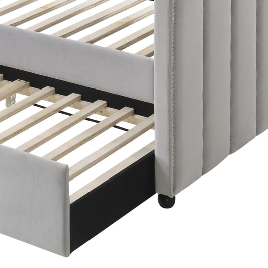 Peridot twin daybed frame in dove gray fabric with nailhead trim and wooden slats on Tampa Home & Garden Store