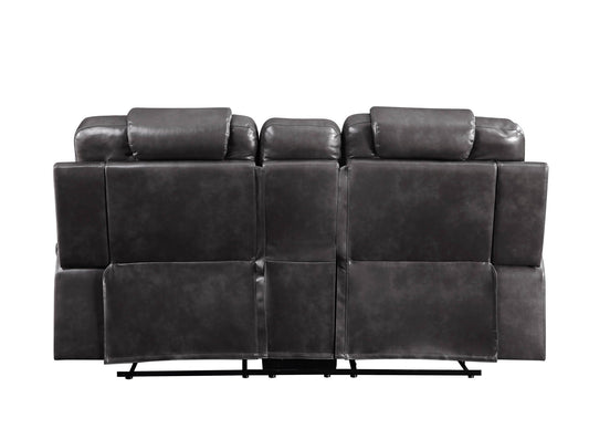 Braylon reclining loveseat with cupholder console in brown leather upholstery with visible stitching on Tampa Home & Garden Store