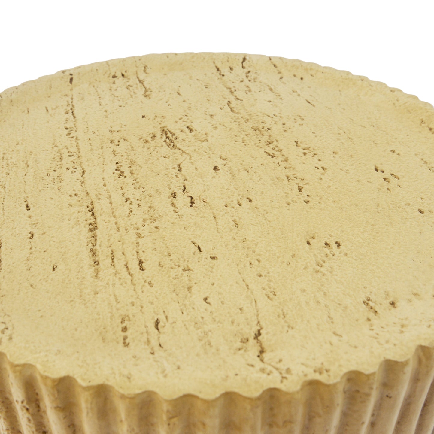 Beige textured tablecloth draped over a round table with scalloped edge on white background on Tampa Home & Garden Store