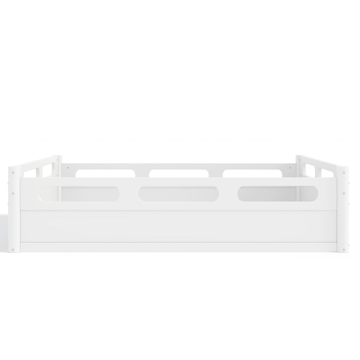 Full Size Floor Platform Bed with Full-length Guardrails in white finish, HouseOfZazla bed frame on Tampa Home & Garden Store