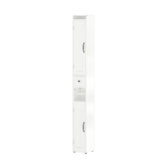 Slim tall white freestanding linen cabinet with 2 doors and adjustable shelves on Tampa Home & Garden Store