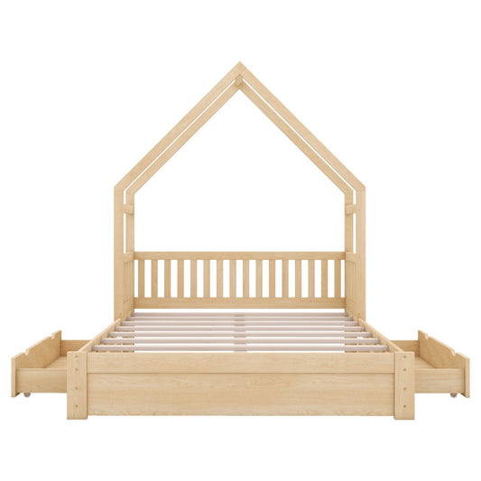 House Style Platform Bed with guardrails and 2 drawers in natural wood by HouseOfZazla on Tampa Home & Garden Store