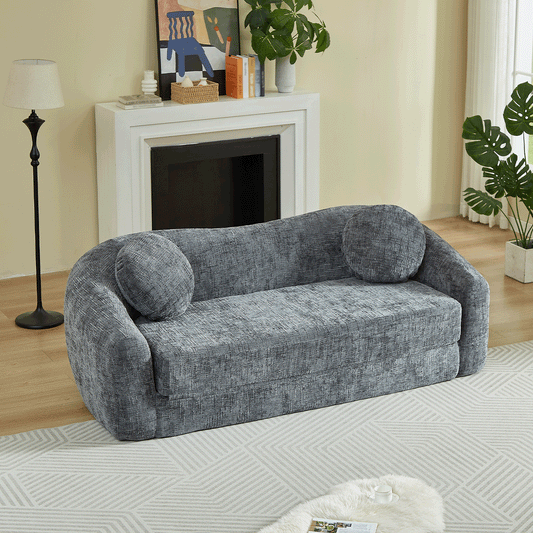 86-Inch curved convertible sofa recliner in gray textured fabric with two bolster pillows on Tampa Home & Garden Store