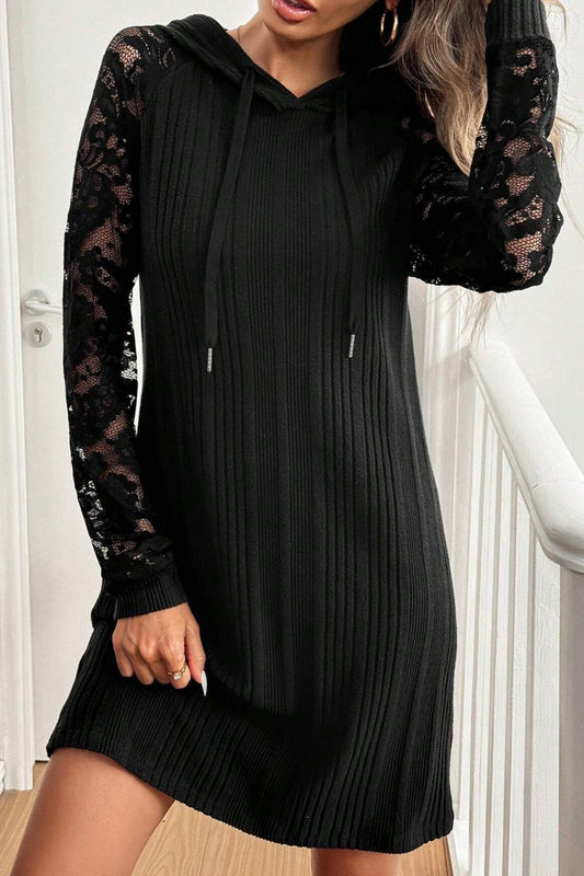 Dress Stevvex black long-sleeve hooded dress with lace sleeves and ribbed knit body on Tampa Home & Garden Store