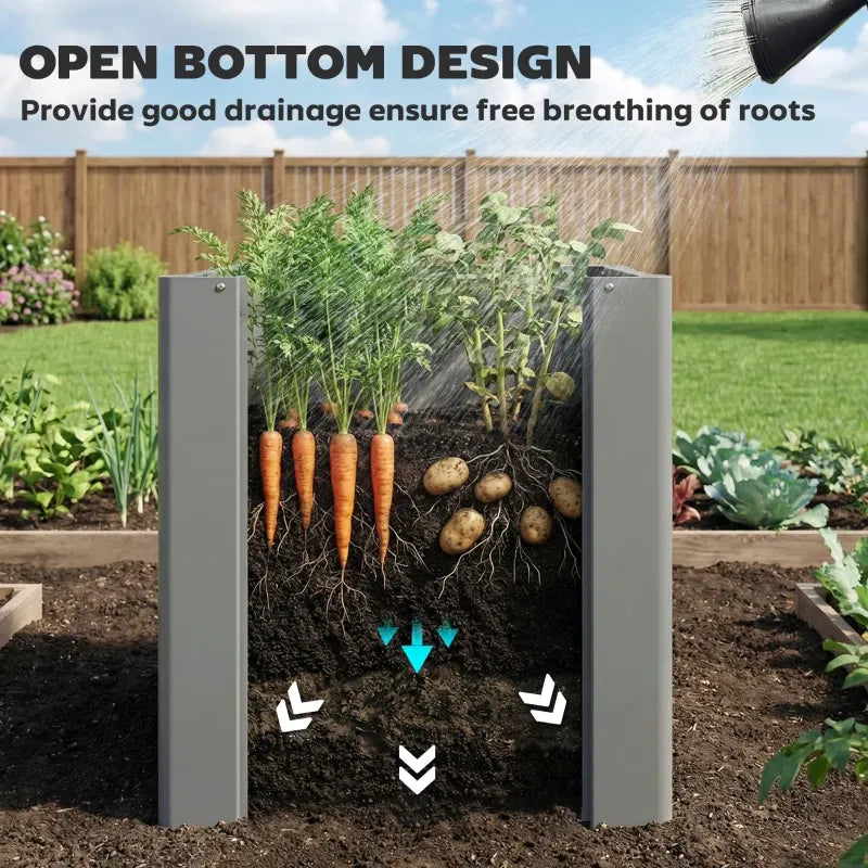 Balcony Planter Bed grey metal open bottom drainage by HouseOfZazla; carrots and potatoes on Tampa Home & Garden Store