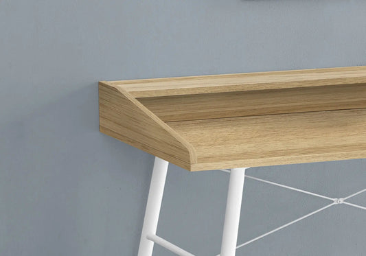 Natural wood computer desk with storage shelf and white angled legs for home office on Tampa Home & Garden Store