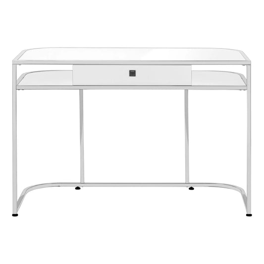 White computer desk with central drawer and curved shelves, modern writing desk on Tampa Home & Garden Store