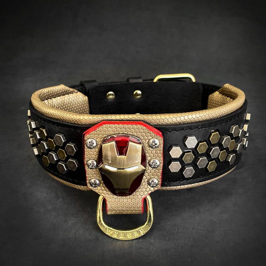 Iron Dog Collar with Hexagon Studs Iron Man Logo; black leather with gold studs (3 collars) on Tampa Home & Garden Store