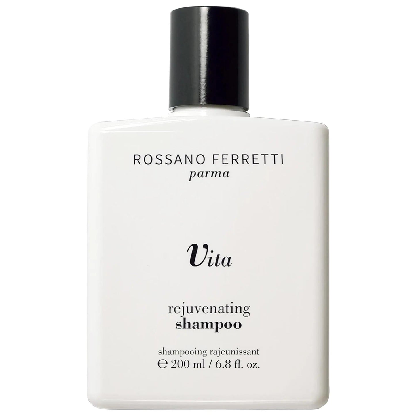 Vita rejuvenating shampoo bottle white plastic with black cap Rossano Ferretti branding on Tampa Home & Garden Store