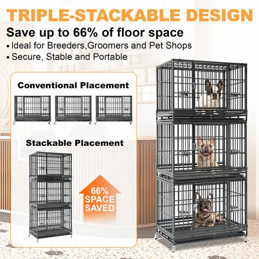 37 Inch Stackable Heavy Duty Dog Crate, black metal 3-tier with wheels, 3 dogs inside on Tampa Home & Garden Store