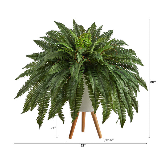 2.5’ Boston Fern Artificial Plant in White Planter with Legs - Tampa Home & Garden Store