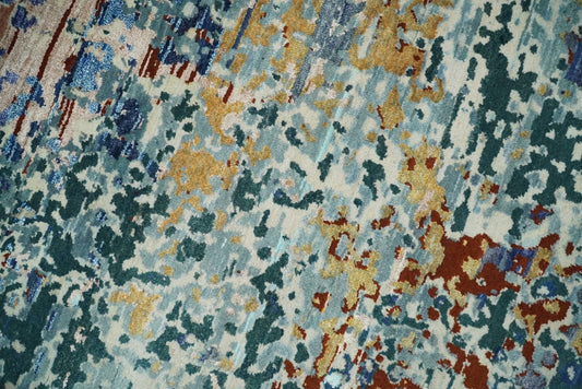 2.6x10 Fine Hand Knotted Blue Modern Abstract Wool and Silk Runner Area Rug | AGR12 - Tampa Home & Garden Store