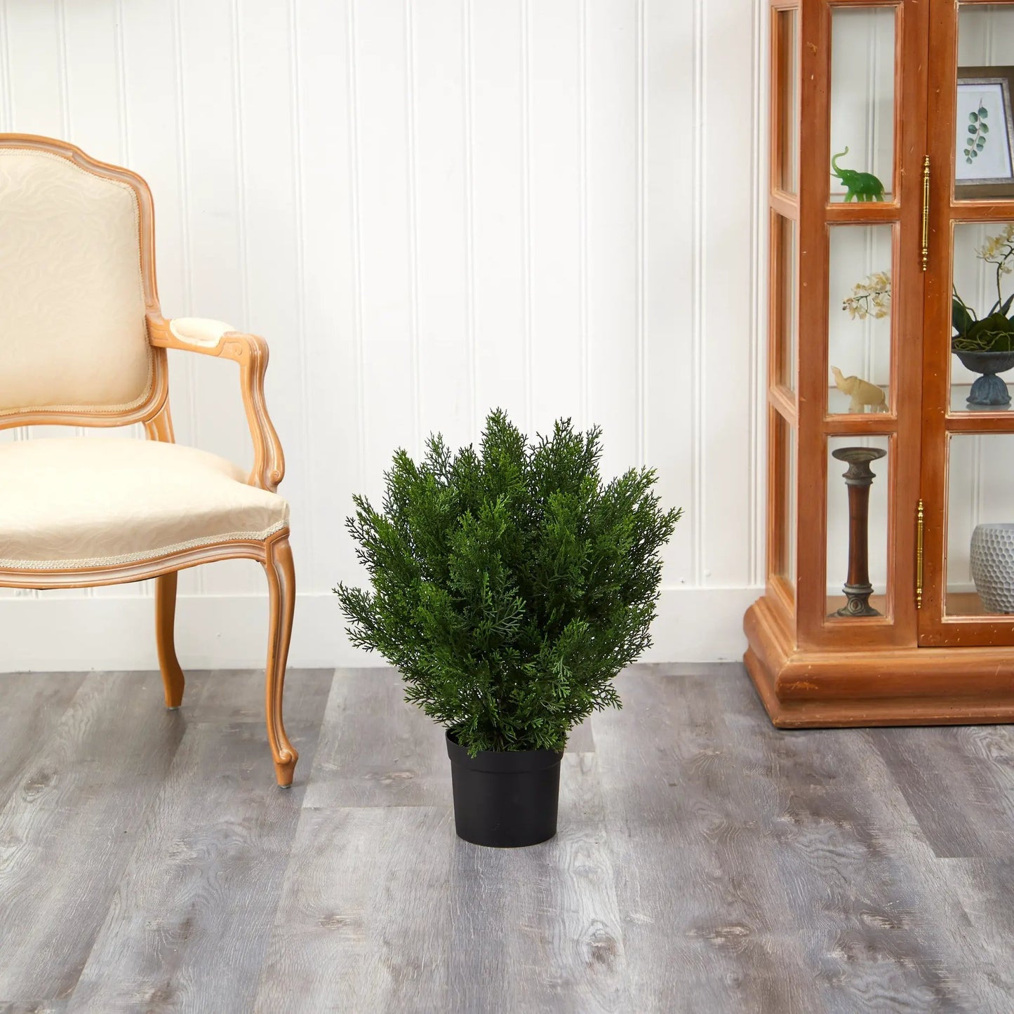 Artificial Cedar Bush by Nearly Natural in black pot with dense green foliage on Tampa Home & Garden Store