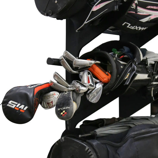 TRAPSKI two-bag golf bag rack with shelf wall mount in black metal, holds two golf bags on Tampa Home & Garden Store