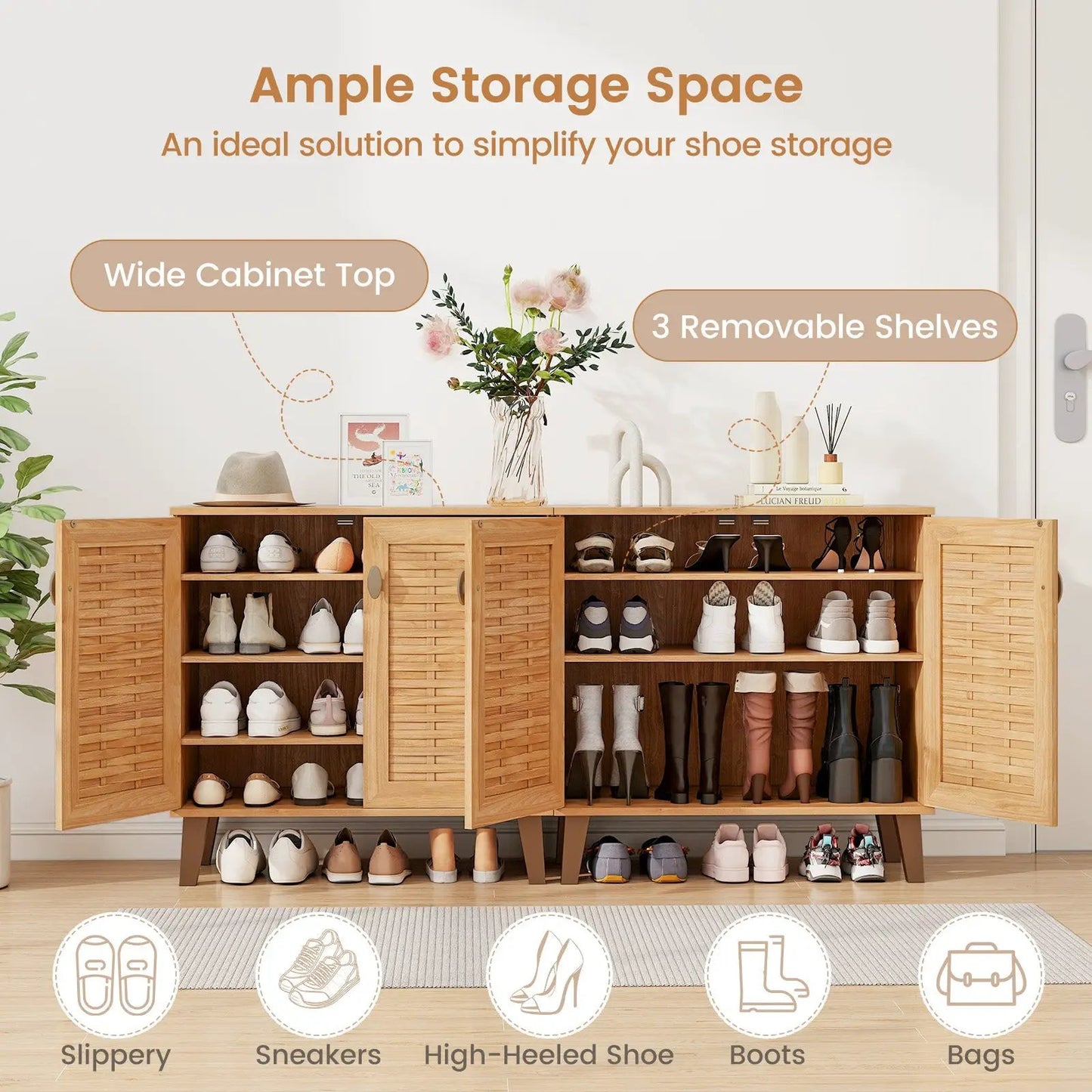 Two-Door Four-Tier Shoe Cabinet with Teak Doors DirectDeals, 3 removable shelves on Tampa Home & Garden Store