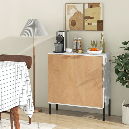 Two-door buffet sideboard with white top and natural wood veneer doors on black metal legs on Tampa Home & Garden Store