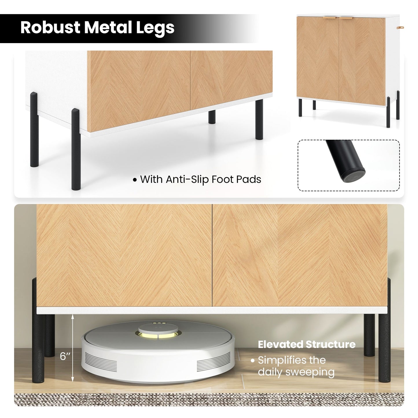 Aparador de 2 puertas con estante y patas de metal - Blanco - Madera natural