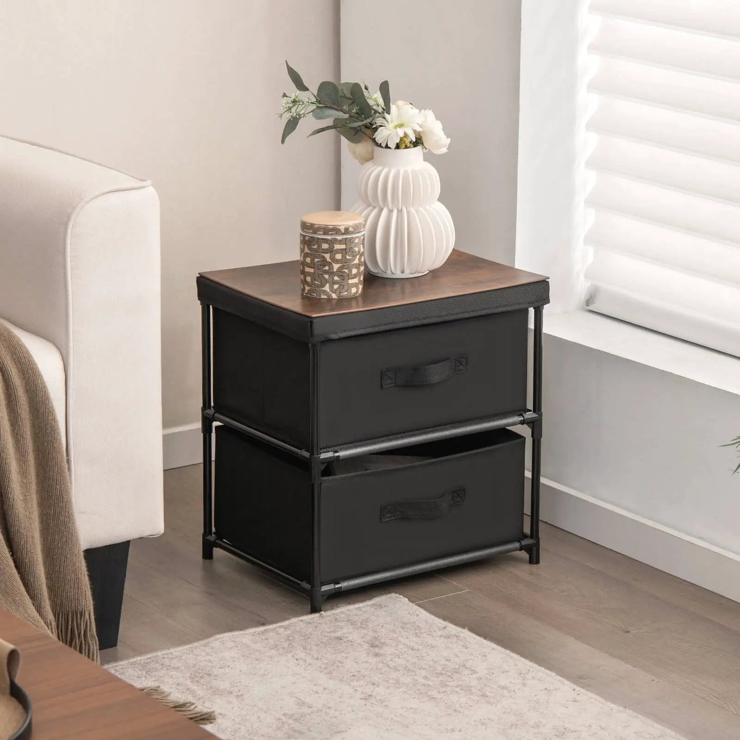 DirectDeals 2-Drawer Nightstand with Removable Fabric Bins, black metal frame and wood top on Tampa Home & Garden Store