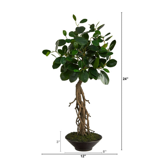 Artificial 2-ft ficus bonsai tree in decorative black planter with lush green leaves on Tampa Home & Garden Store