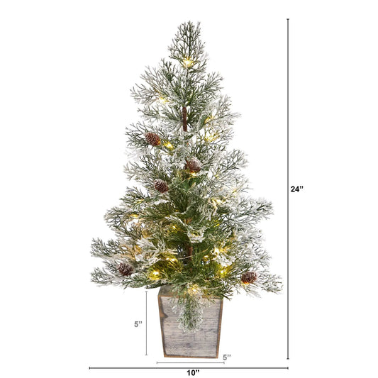 Frosted pre-lit Christmas tree in planter with pinecones and warm lights, 2 ft tall on Tampa Home & Garden Store