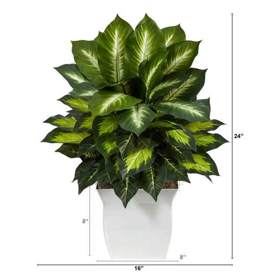 Golden Dieffenbachia artificial plant in white metal planter with green ivory leaves on Tampa Home & Garden Store