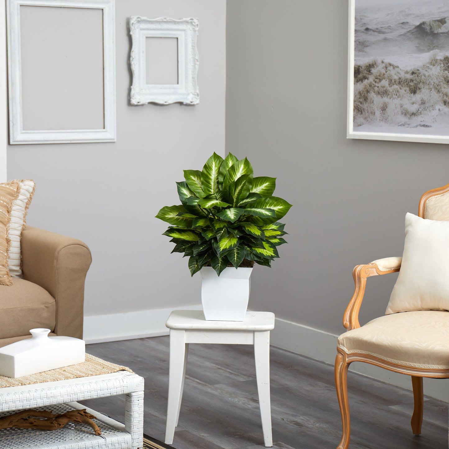 2’ Golden Dieffenbachia Artificial Plant in White Metal Planter - Tampa Home & Garden Store