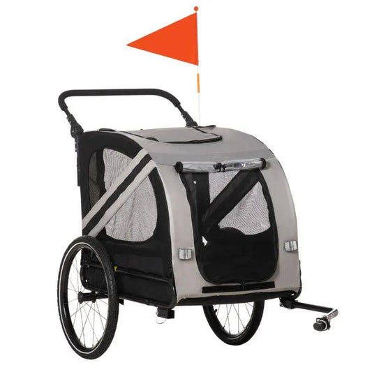 2-in-1 Pet Bike Trailer Stroller by Furr Baby Gifts, grey with mesh panels and orange flag on Tampa Home & Garden Store